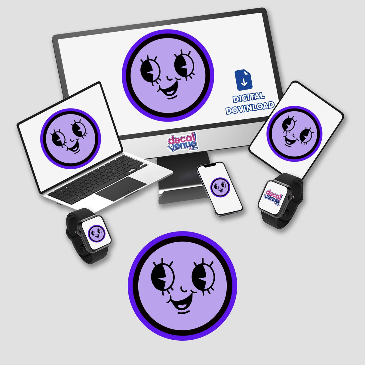 Purple Cute Smiley Face featured on a computer monitor, laptop, phone, and smartwatch, available as stickers or digital artwork, showcasing playful cartoon expressions from Decal Venue.