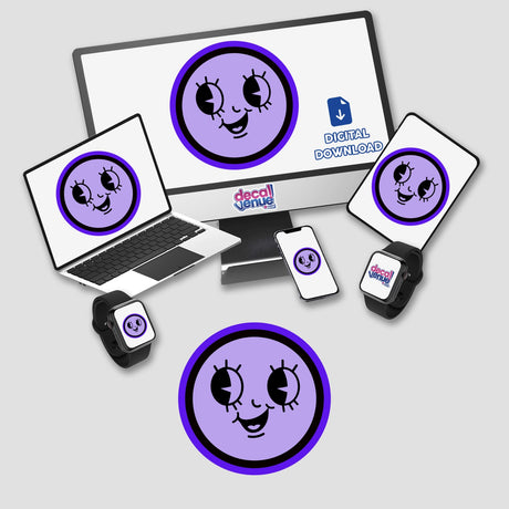 Purple Cute Smiley Face featured on a computer monitor, laptop, phone, and smartwatch, available as stickers or digital artwork, showcasing playful cartoon expressions from Decal Venue.
