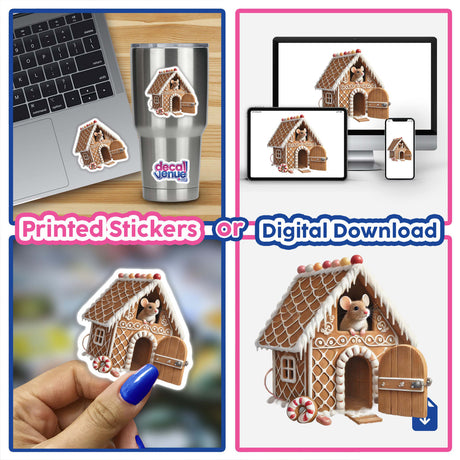 Mouse Peeking Out of a Gingerbread House sticker, showcasing a detailed miniature mouse inside a gingerbread house. Available as stickers or digital artwork.