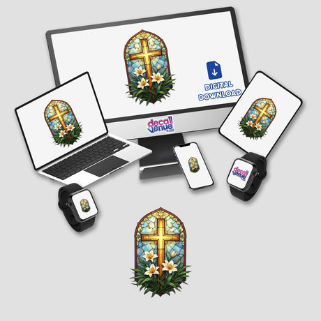 Stained Glass Christian Cross with Easter Lilies Clipart and Sticker, featuring cross and flowers, available as digital artwork or sticker, reflecting Decal Venue's unique vinyl and digital offerings.