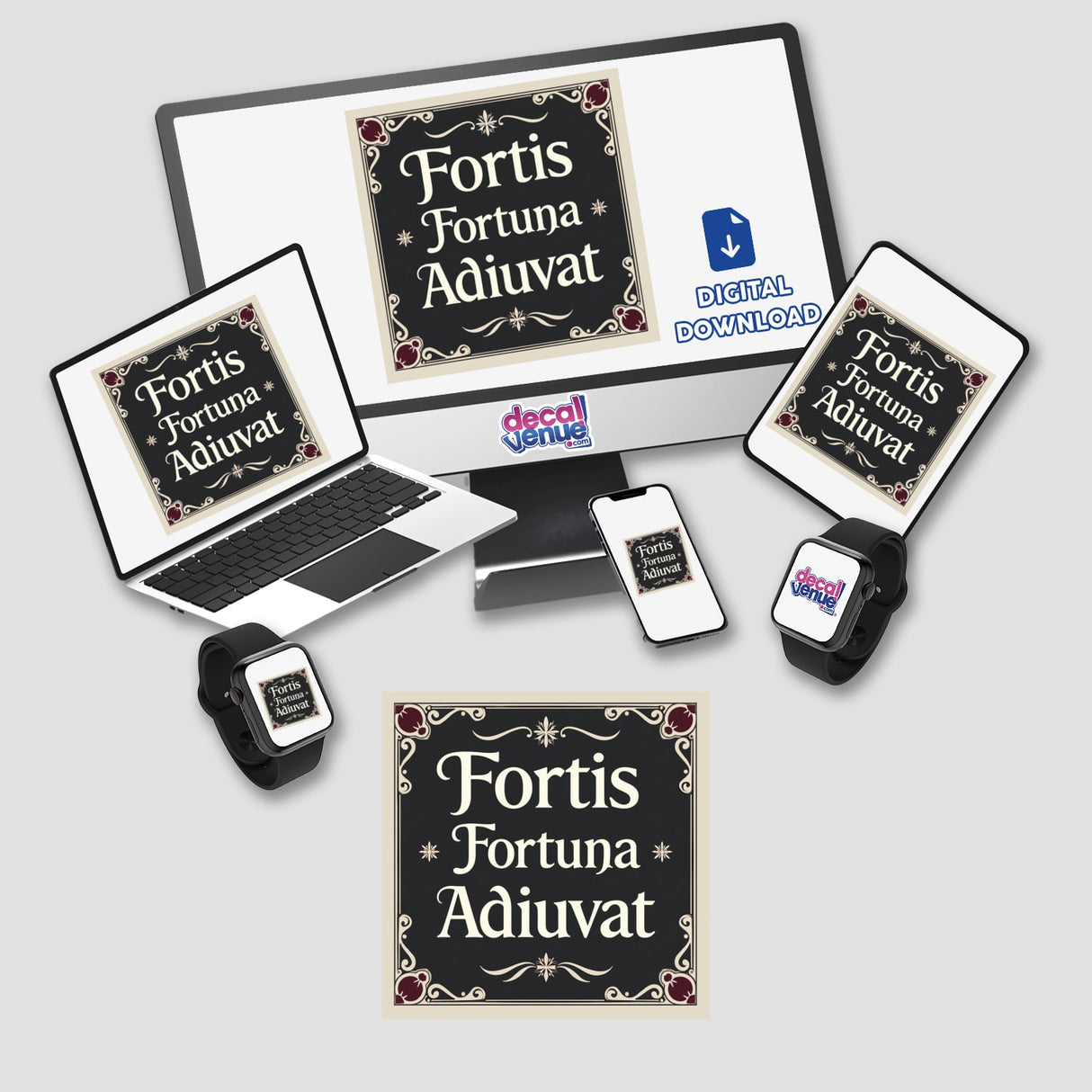 Fortis Fortuna Adiuvat Sticker featuring bold, dark academia-themed clipart, showcasing a computer monitor, laptop, smartphone, and smartwatch. Available as stickers or digital artwork for download.