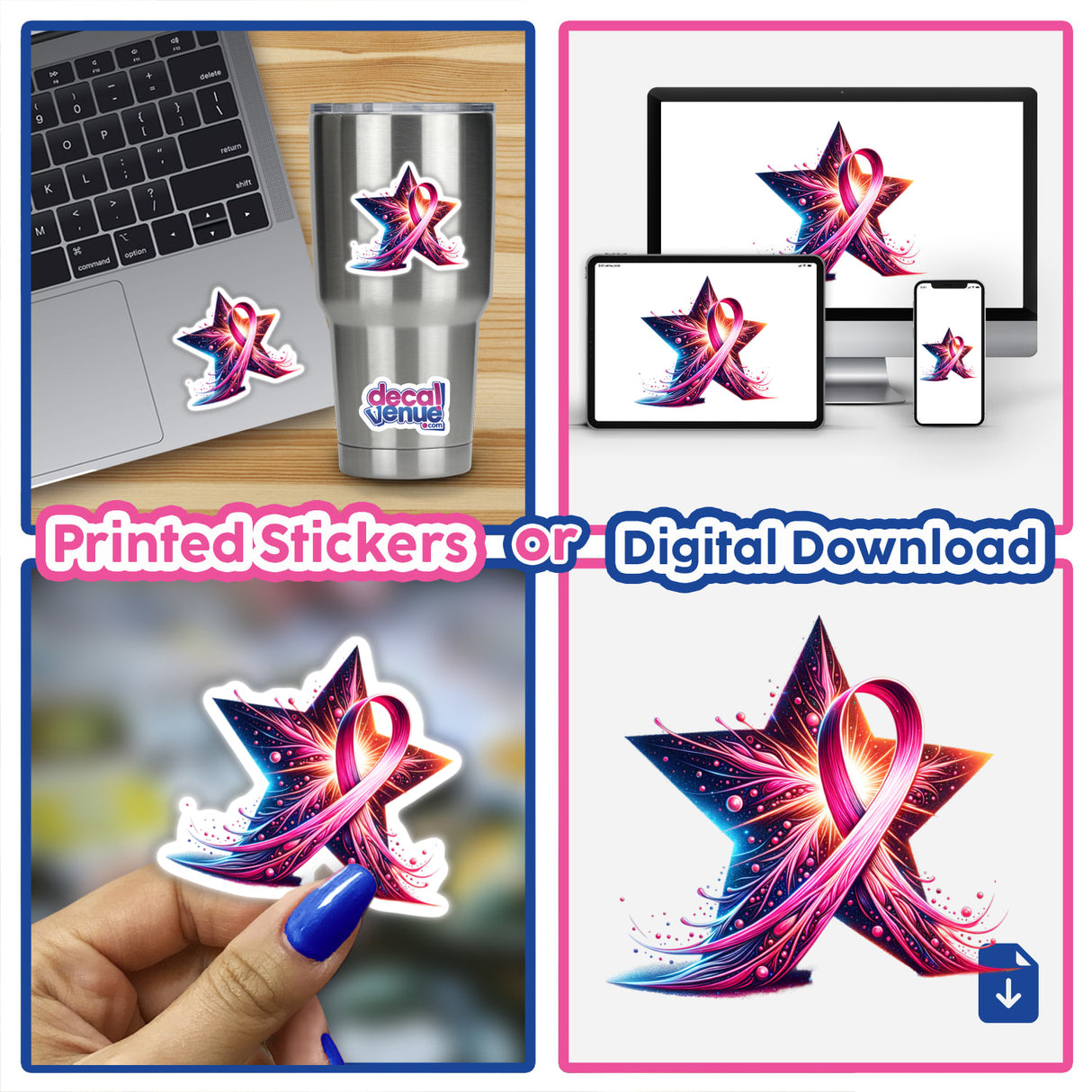 Shining Star Pink Ribbon Breast Cancer Awareness sticker displayed on a laptop, symbolizing support and awareness. Available as a sticker or digital artwork from Decal Venue.