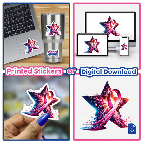 Shining Star Pink Ribbon Breast Cancer Awareness sticker displayed on a laptop, symbolizing support and awareness. Available as a sticker or digital artwork from Decal Venue.