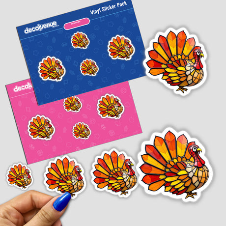 Hand holding a Turkey Stained Glass Style sticker, featuring a vibrant turkey design with intricate feather patterns. Part of Decal Venue's unique sticker and digital art collection.