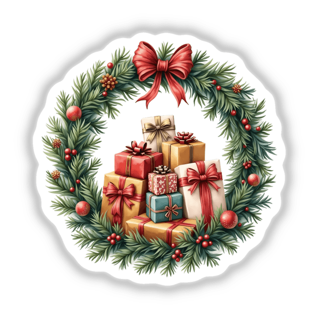 Wrapped Presents in a Christmas Wreath digital artwork, featuring a festive arrangement of gifts with bows, ideal for holiday crafts, available as stickers or digital download from Decal Venue.