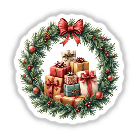 Wrapped Presents in a Christmas Wreath digital artwork, featuring a festive arrangement of gifts with bows, ideal for holiday crafts, available as stickers or digital download from Decal Venue.