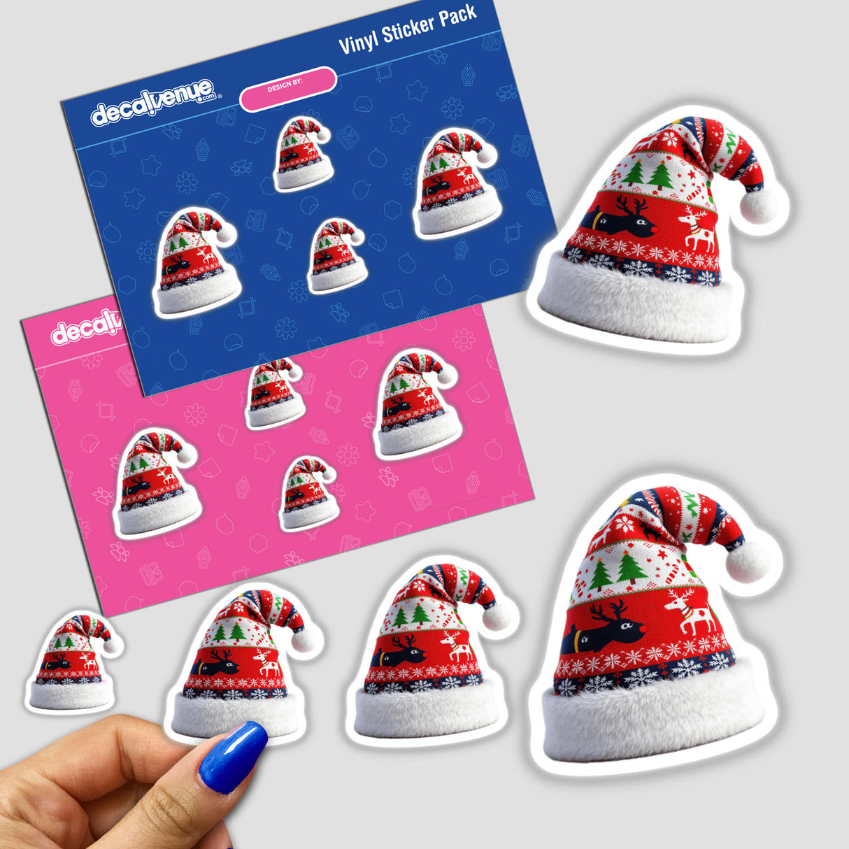Sticker pack featuring Santa Hat Ugly Christmas Sweater Style designs, available as stickers or digital artwork, showcasing various patterned hats in a festive theme.