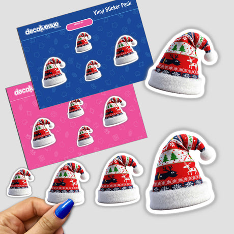 Sticker pack featuring Santa Hat Ugly Christmas Sweater Style designs, available as stickers or digital artwork, showcasing various patterned hats in a festive theme.