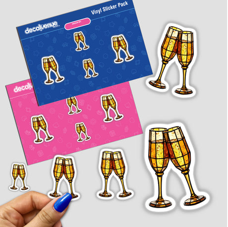 Sticker pack titled Champagne Glasses Stained Glass Style showing illustrated champagne glasses, held in hand, available as stickers or digital artwork from Decal Venue's unique collection.