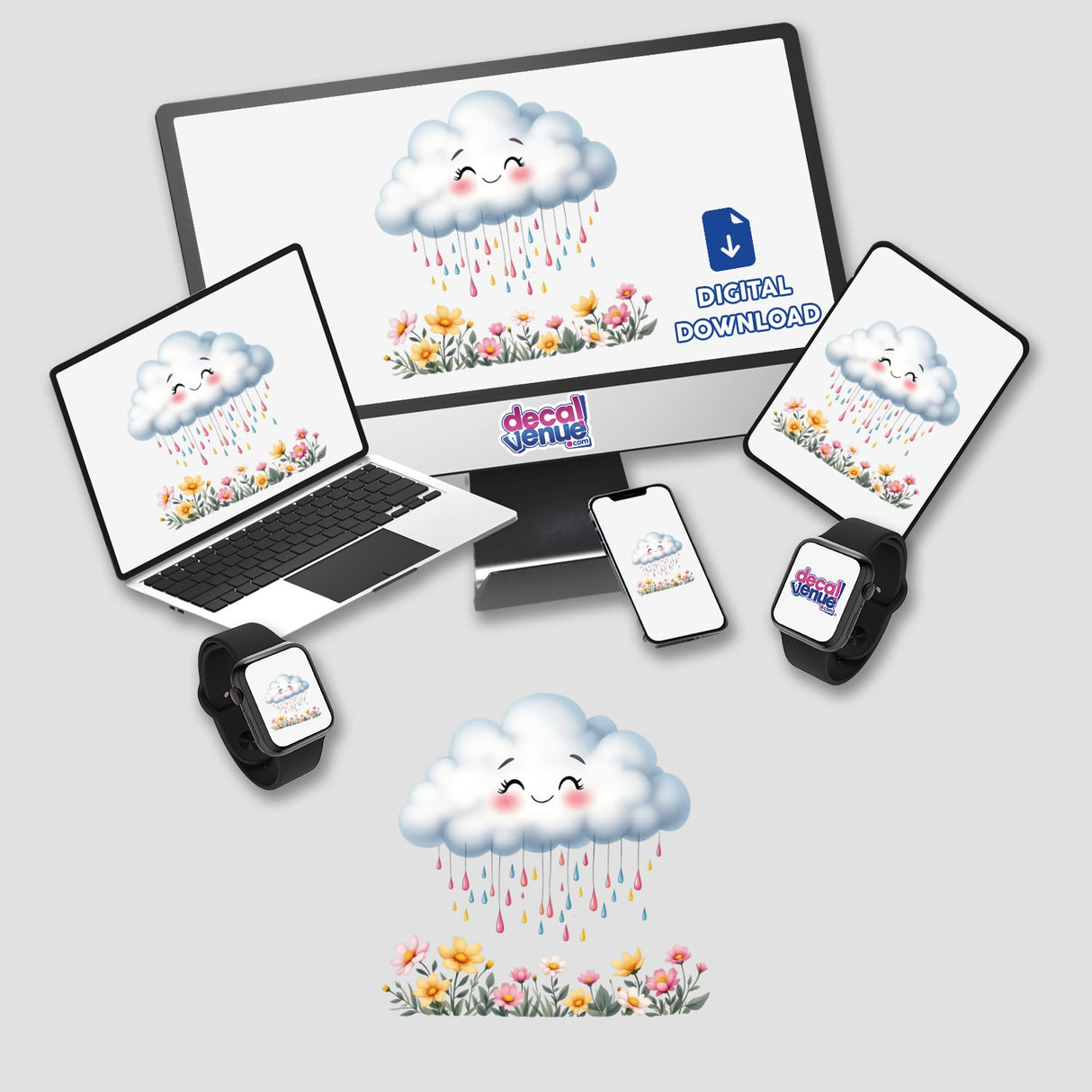 Cute Spring Rain Clouds with Colorful Droplets displayed across devices, showcasing whimsical cloud and flower designs, emblematic of Decal Venue's unique vinyl stickers and digital art offerings.