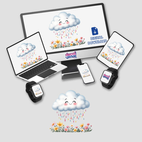 Cute Spring Rain Clouds with Colorful Droplets displayed across devices, showcasing whimsical cloud and flower designs, emblematic of Decal Venue's unique vinyl stickers and digital art offerings.