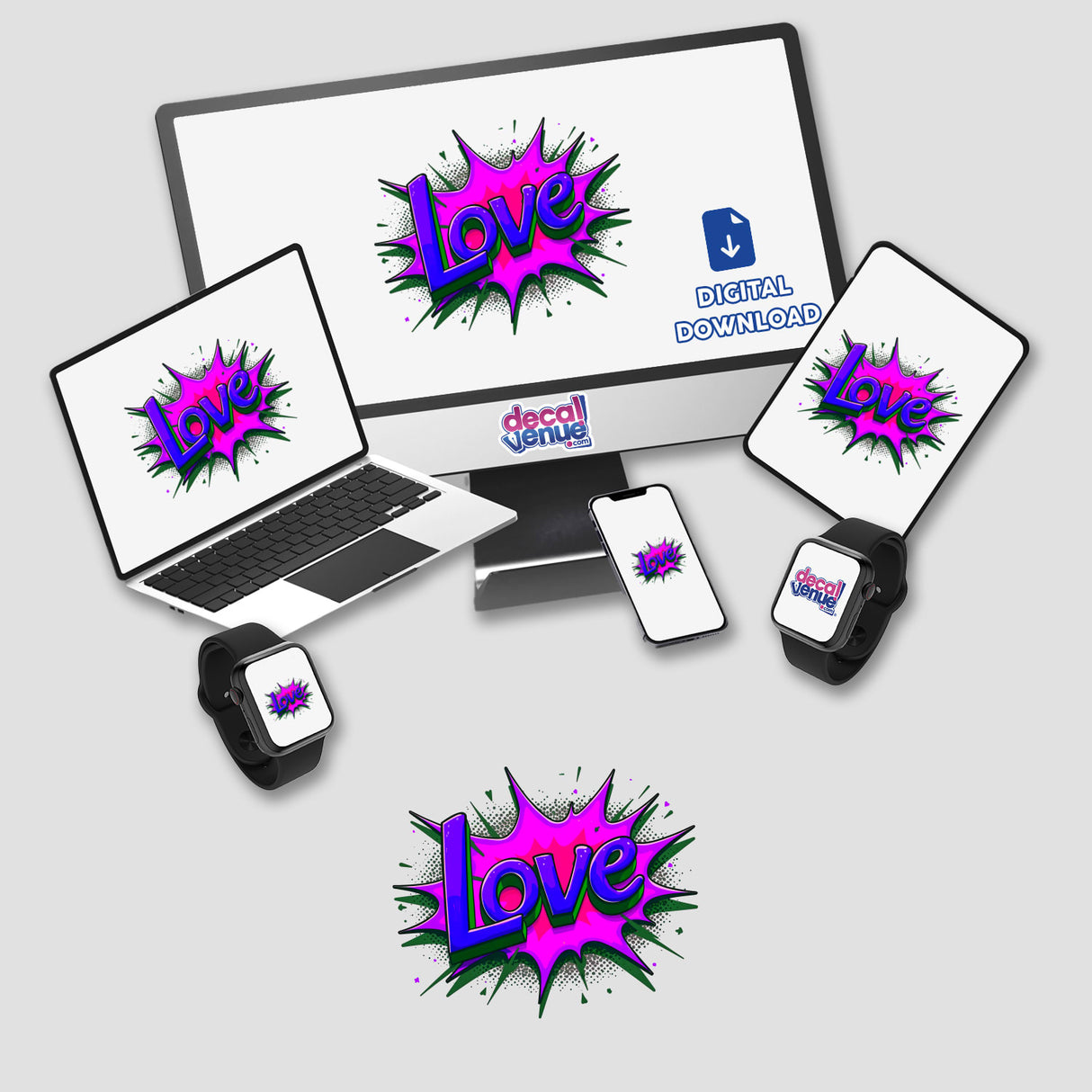Love Valentine's Day-themed digital artwork depicting a computer monitor, laptop, and phone screens. Offered as stickers or digital art, showcasing technology-oriented romantic designs from Decal Venue.