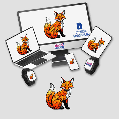 Sly Fox Stained Glass Style sticker or digital artwork displayed on various devices, showcasing a detailed fox design, reflecting Decal Venue's unique sticker and digital art offerings.