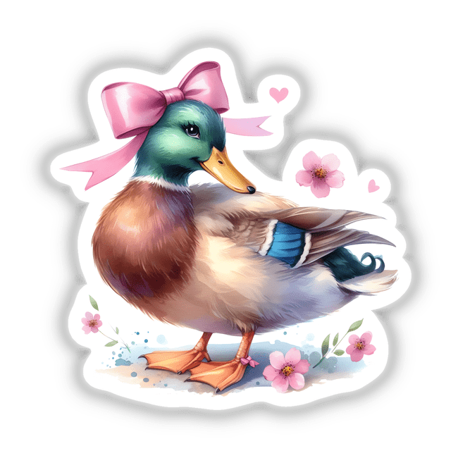 Duck with a pink bow, part of Halloween Pumpkin and Bat Coquette Bow collection, available as stickers or digital artwork from Decal Venue.