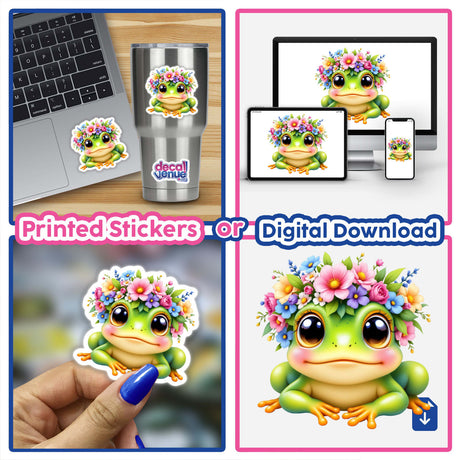 Playful Frog Wearing a Colorful Floral Crown depicted as a whimsical cartoon, available as a vinyl sticker or digital art piece, perfect for enhancing your space with charm.