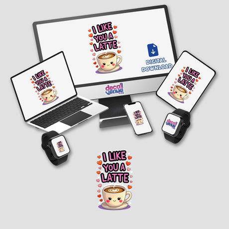 I Like You A Latte Funny Love Quote depicted with a cartoon coffee cup heart foam on laptop, phone, and smartwatch screens, available as stickers or digital artwork.