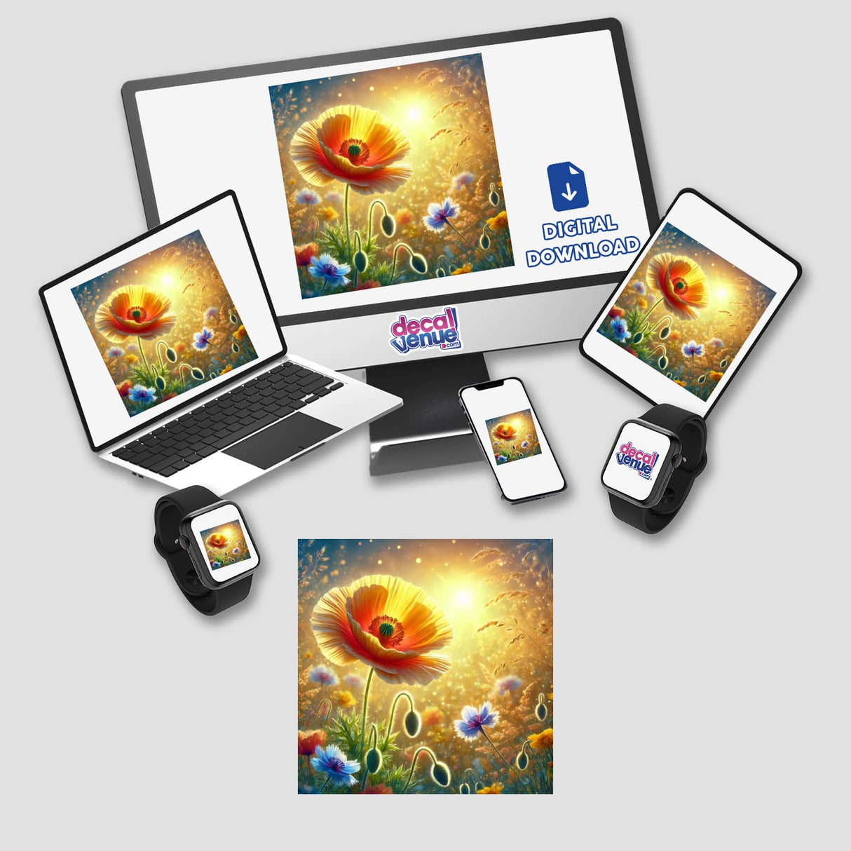 Golden Poppy - Sun-Kissed Meadow Delight stickers or digital artwork displayed on a computer monitor and laptop, showcasing a vibrant flower image.
