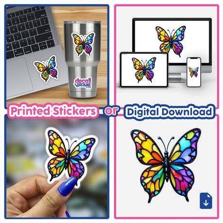 Butterfly Stained Glass Style stickers and digital artwork, showcasing intricate butterfly designs on items like laptops and cups, reflecting Decal Venue's unique art approach.
