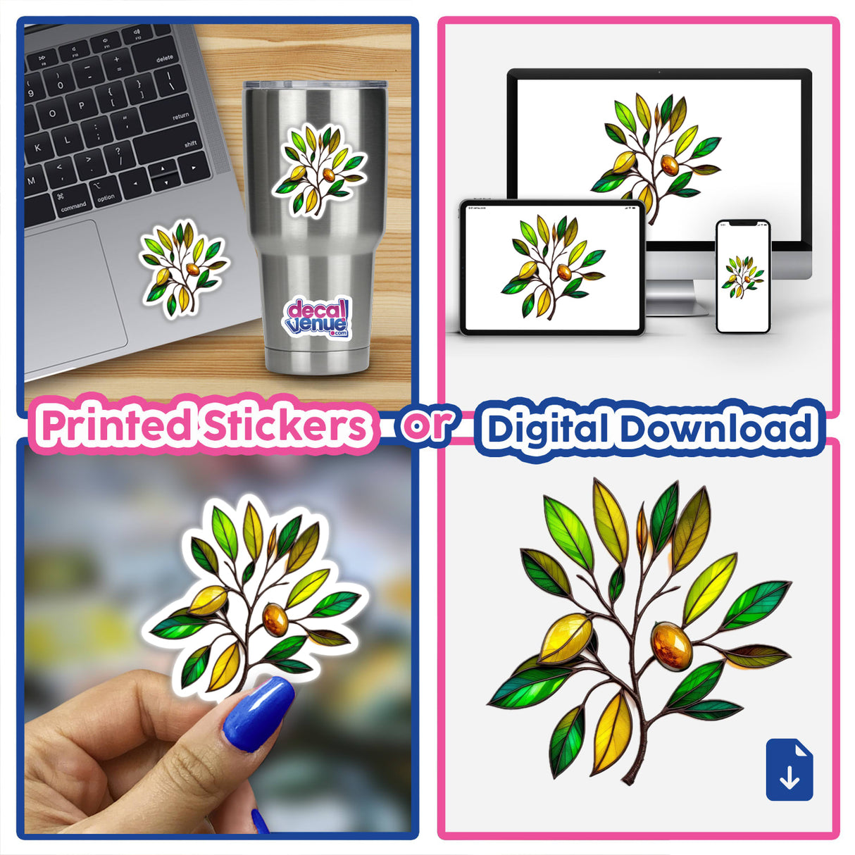 Collage featuring the Olive Branch Stained Glass Style sticker, showcasing its intricate leaf design. Available as unique stickers, reflecting Decal Venue’s expertise in distinctive digital art and decals.