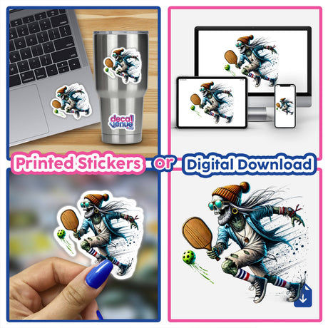 Collage featuring Trendy Zombie Playing Pickleball stickers, including a skeleton with a paddle, available as stickers or digital artwork from Decal Venue.