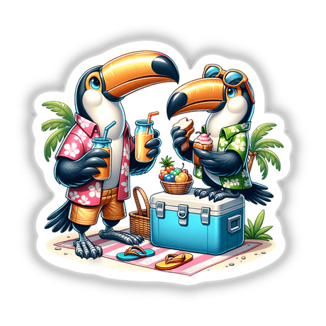 Toucan Birds Having a Picnic: Cartoon birds enjoying a picnic with a blue cooler featuring a bird paw on top. Available as stickers or digital artwork.