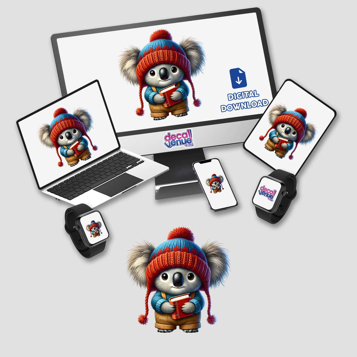 Koala Gnome Holding Book digital artwork displayed on various devices, including a laptop and monitor, available as stickers or digital art from Decal Venue.