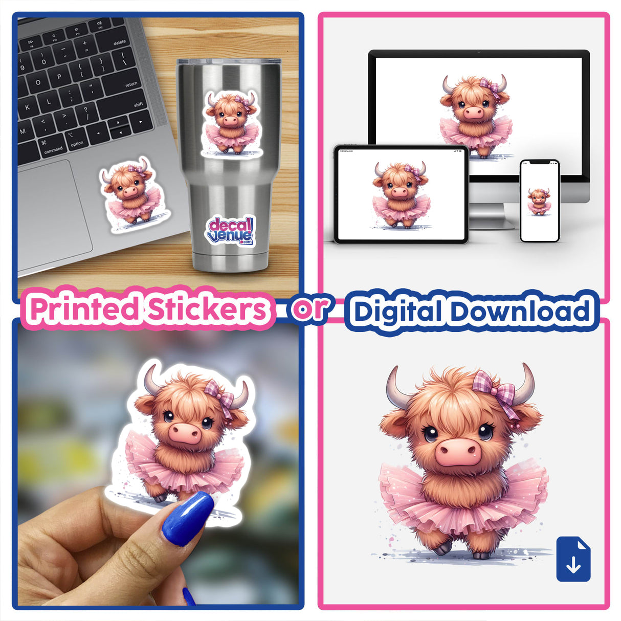 Adorable highland cow with tutu digital art, available as printed stickers or digital download, showcasing the product across various devices and mediums.
