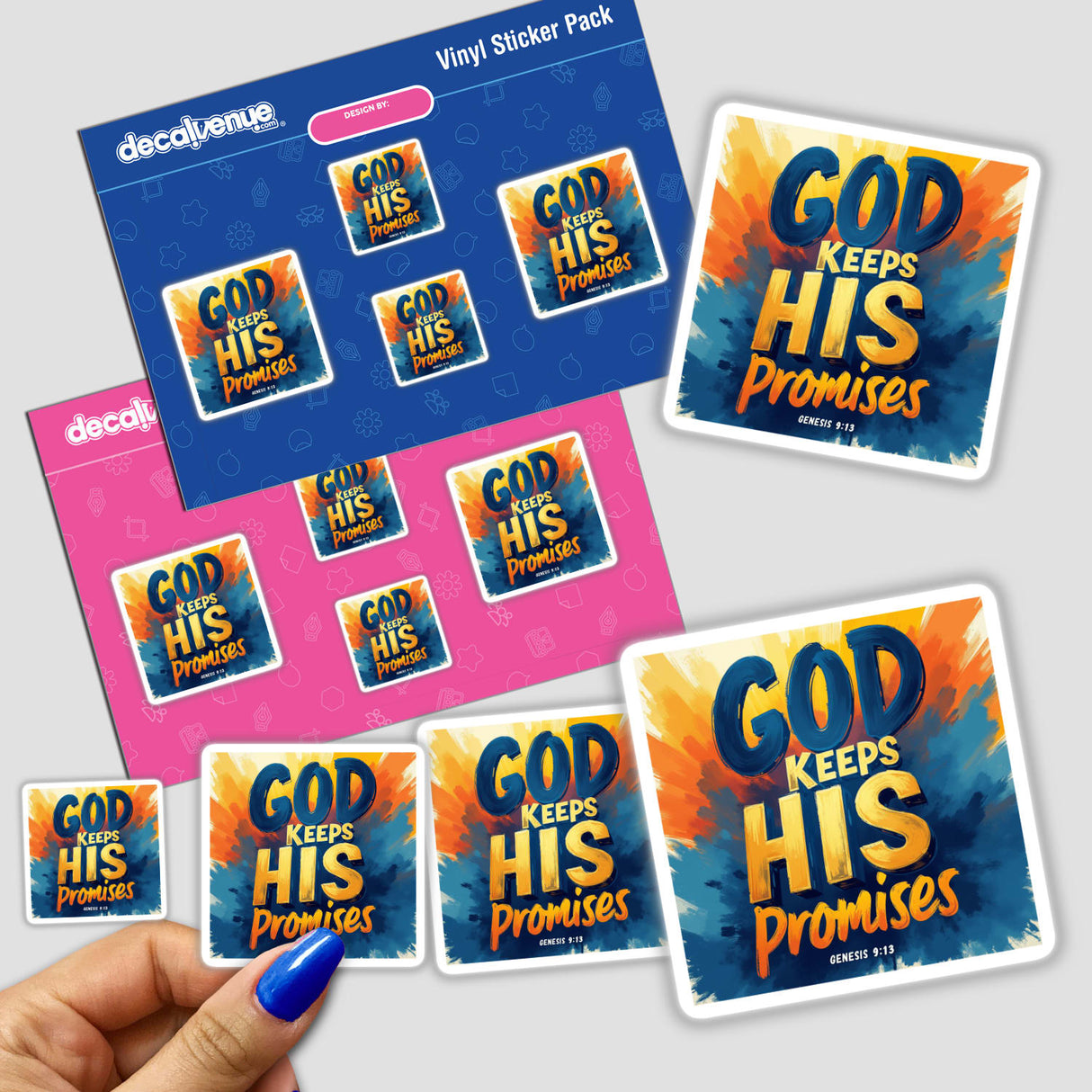 Hand holding 'God Keeps His Promises' sticker, inspired by Genesis 9:13, showcasing text and graphic design elements. Available as a sticker or digital artwork for hope and encouragement.