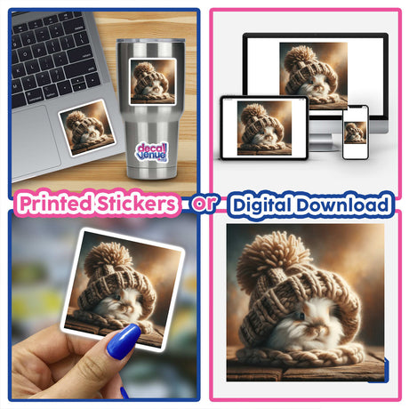 Collage featuring Snuggled Bunny in Woolen Hat as stickers or digital artwork, showing a rabbit in a knitted hat on a laptop screen, with close-ups of hands and a mug.