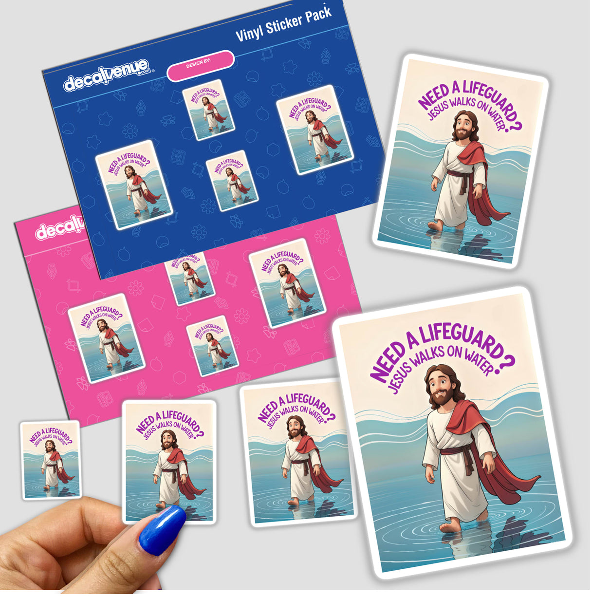Sticker pack titled Need A Lifeguard? Jesus Walks On Water Funny Quote featuring humorous cartoon characters, held by a hand. Available as stickers or digital artwork from Decal Venue.