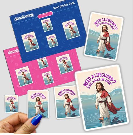 Sticker pack titled Need A Lifeguard? Jesus Walks On Water Funny Quote featuring humorous cartoon characters, held by a hand. Available as stickers or digital artwork from Decal Venue.
