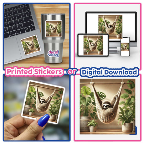 Sticker collage featuring a sloth in a knitted hammock with indoor plants, including close-ups of a sloth on a keyboard and a person's finger.