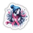 Pitbull dog wearing a hat, scarf, and a pink ribbon symbolizing breast cancer awareness, available as stickers or digital artwork from Decal Venue.