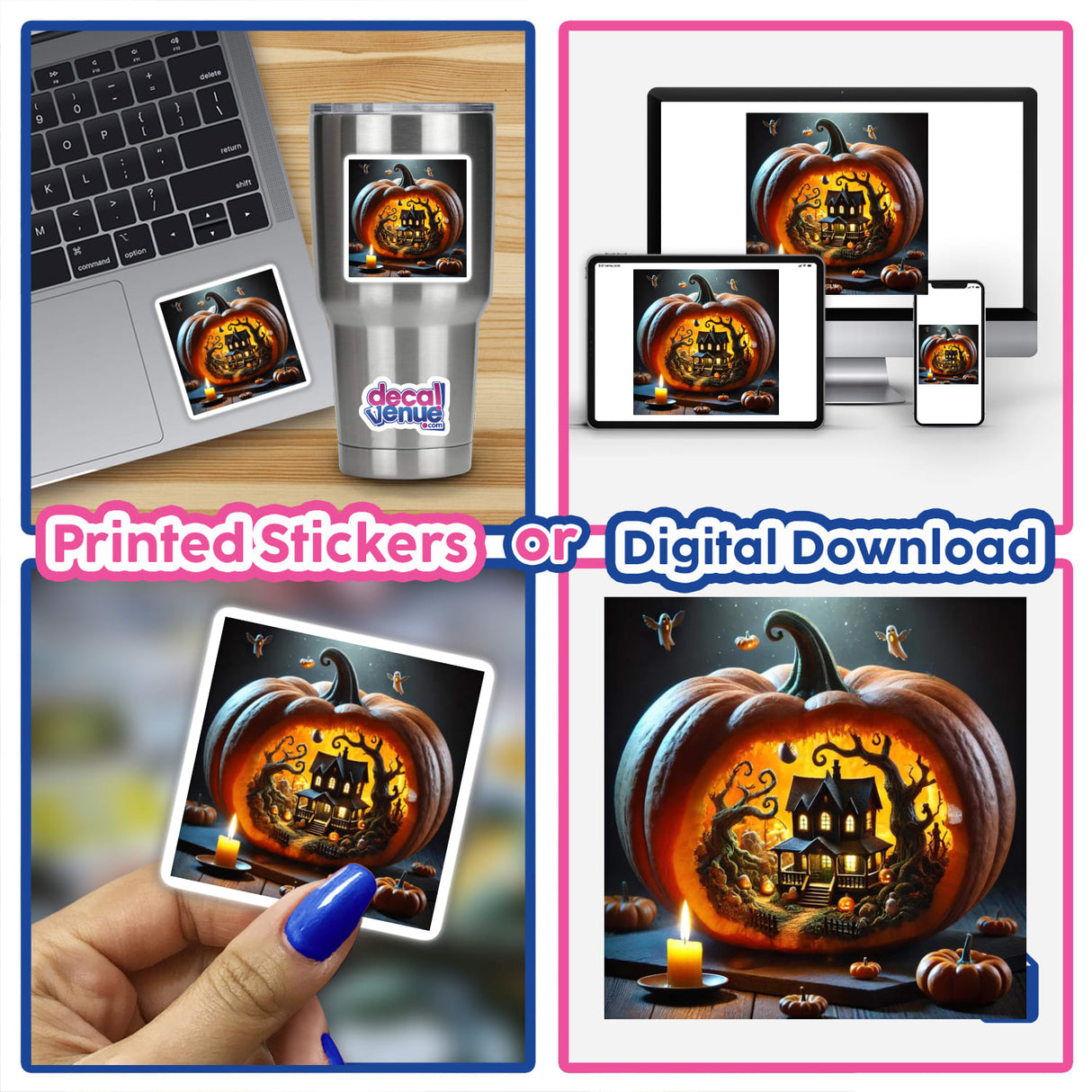 Pumpkin Realm - A Tiny Haunted World Inside a Pumpkin features a digital artwork of a pumpkin with a miniature house inside, showcased on a laptop screen. Available as stickers or digital artwork.