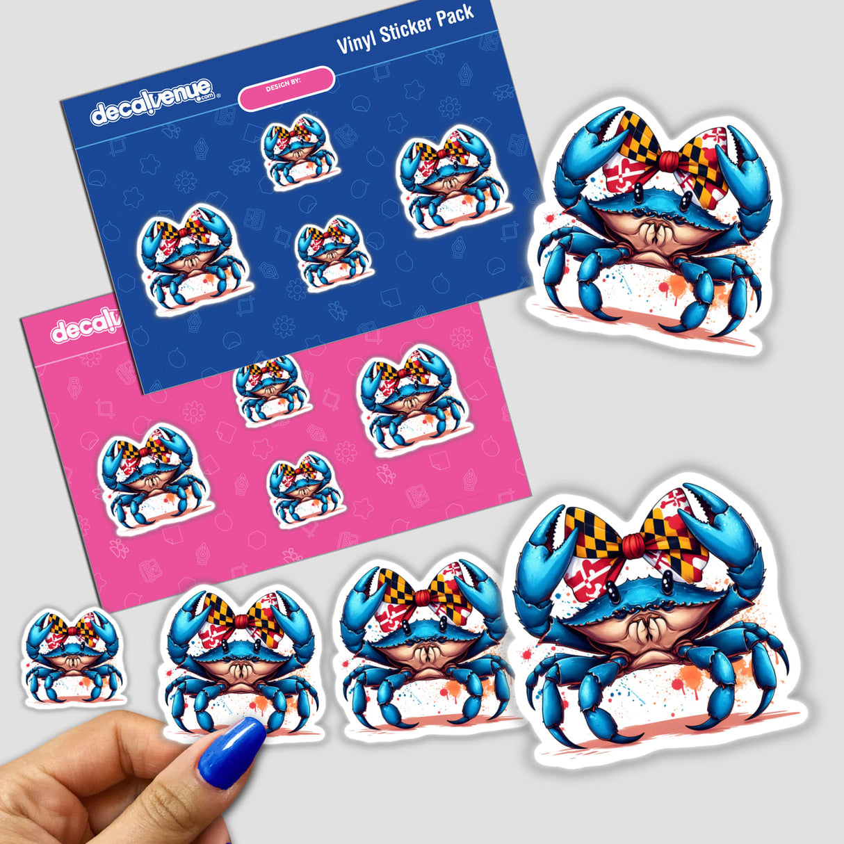 Vinyl-sticker pack titled Blue Crab with Maryland Coquette Bow from Decal Venue, featuring blue crabs with a Maryland flag-patterned bow, displayed on blue and pink backing sheets, hand peeling a small sticker.
