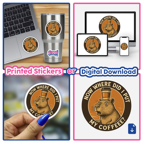 Capybara Coffee Quote Sticker or Clipart features a playful retro design, ideal for adding charm to your collection. Available as stickers or digital artwork with commercial rights.