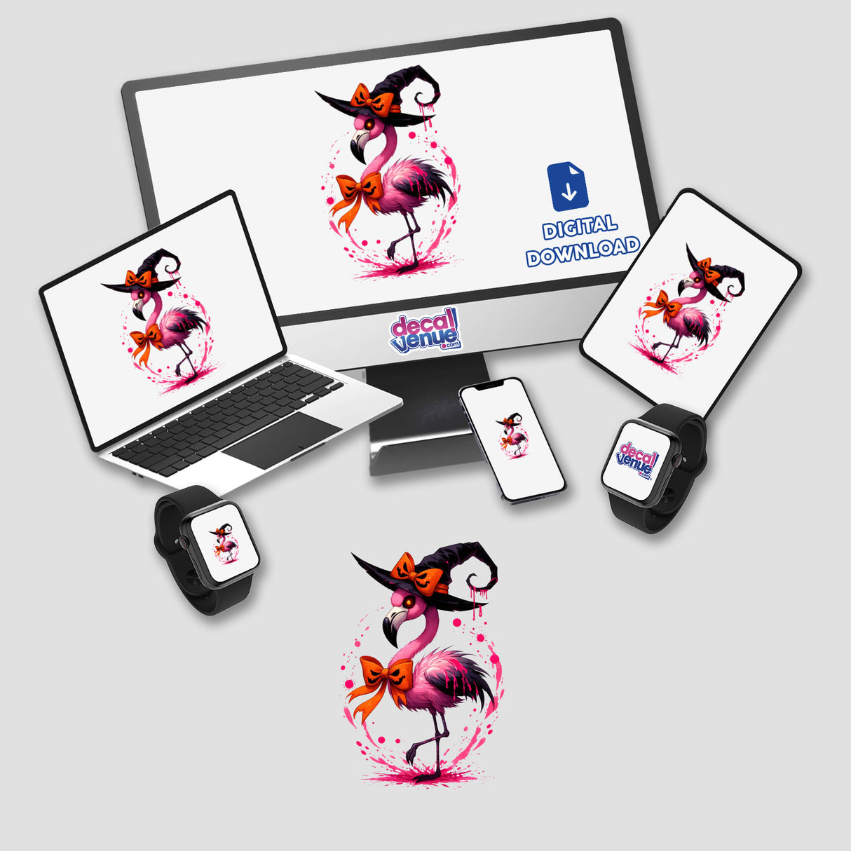 Spooky Halloween Flamingo Bird displayed on a computer monitor and laptop, showcasing unique stickers or digital art.
