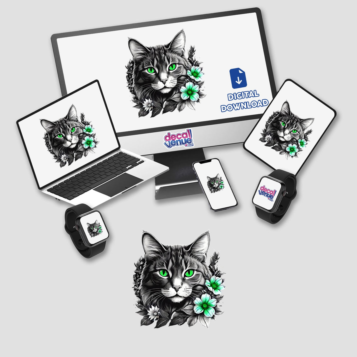 Cat Green Eyes Portrait Floral Accents PA41