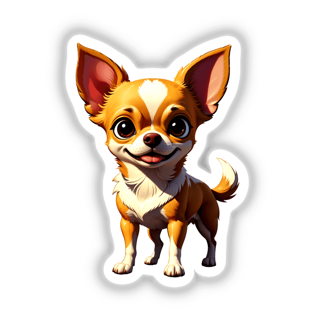 Cute Chihuahua cartoon with big ears and eyes, capturing a playful expression. Available as stickers or digital artwork from Decal Venue, known for unique vinyl stickers and digital art.