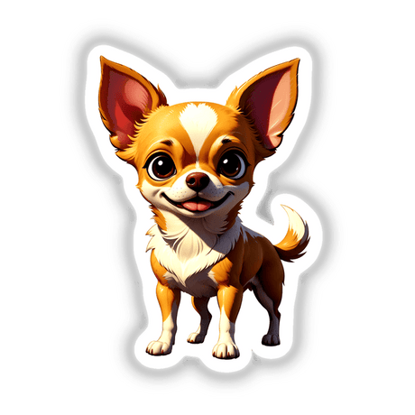 Cute Chihuahua cartoon with big ears and eyes, capturing a playful expression. Available as stickers or digital artwork from Decal Venue, known for unique vinyl stickers and digital art.