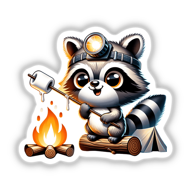 Raccoon Wearing Headlamp Roasting Marshmallows