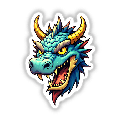 Cartoon illustration of A Cool Fantasy Dragon head, available as stickers or digital artwork, showcasing unique design elements typical of Decal Venue's creative vinyl sticker collection.