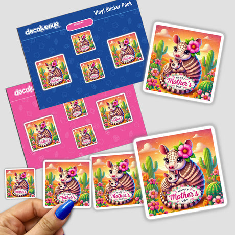Armadillo With Baby Happy Mothers Day With Cactus stickers featuring a cartoon armadillo with a baby alongside cacti, available as unique vinyl stickers or digital art from Decal Venue.