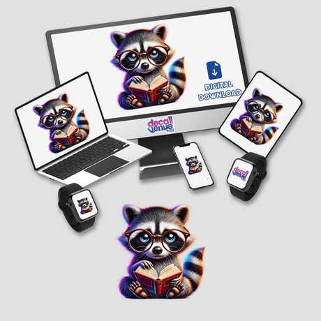 Raccoon With Reading Glasses Open Book depicted on a computer monitor and laptop, showcasing unique vinyl stickers or digital artwork from Decal Venue.