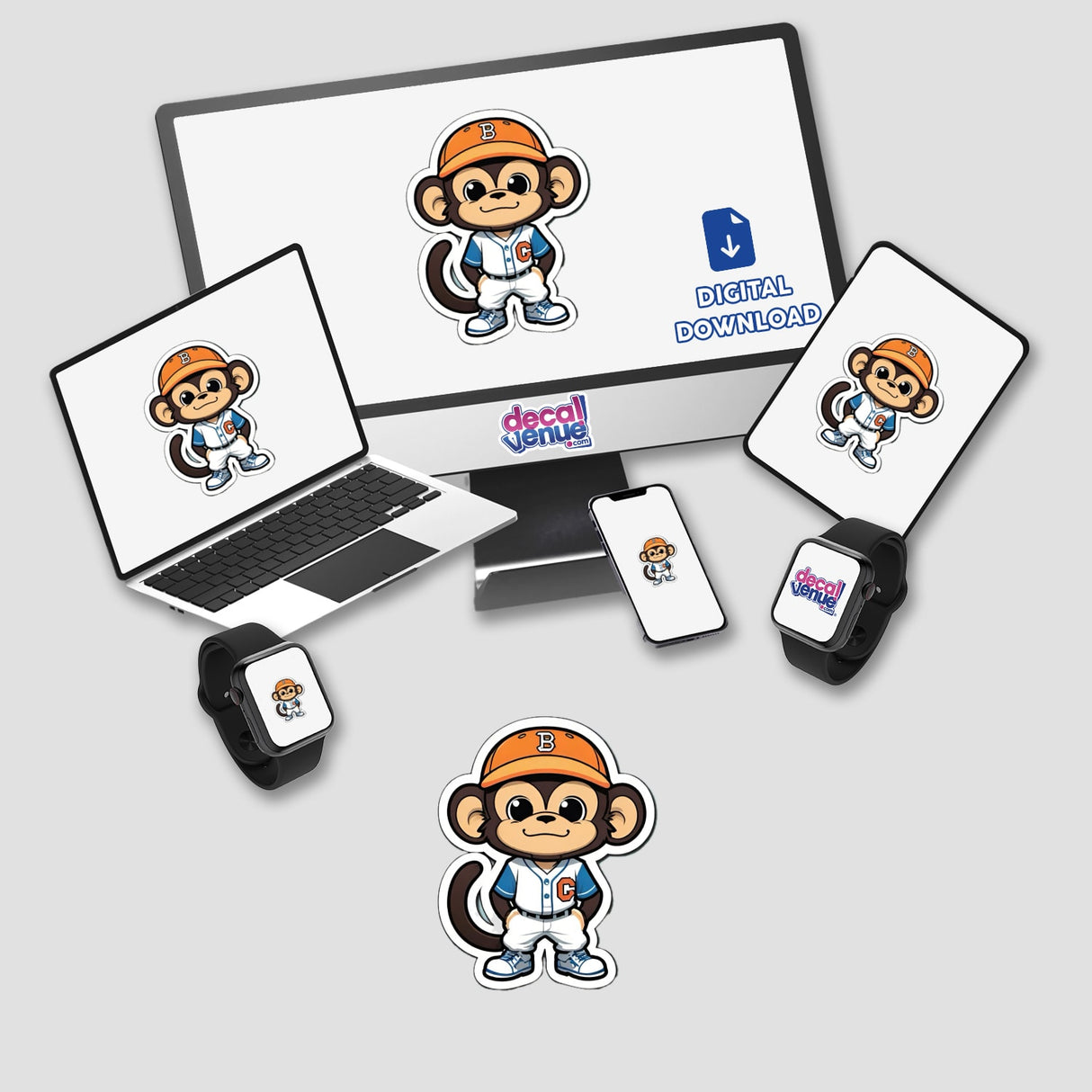 Cartoon monkey in baseball uniform on various digital devices, showcasing a digital download from Decal Venue store.