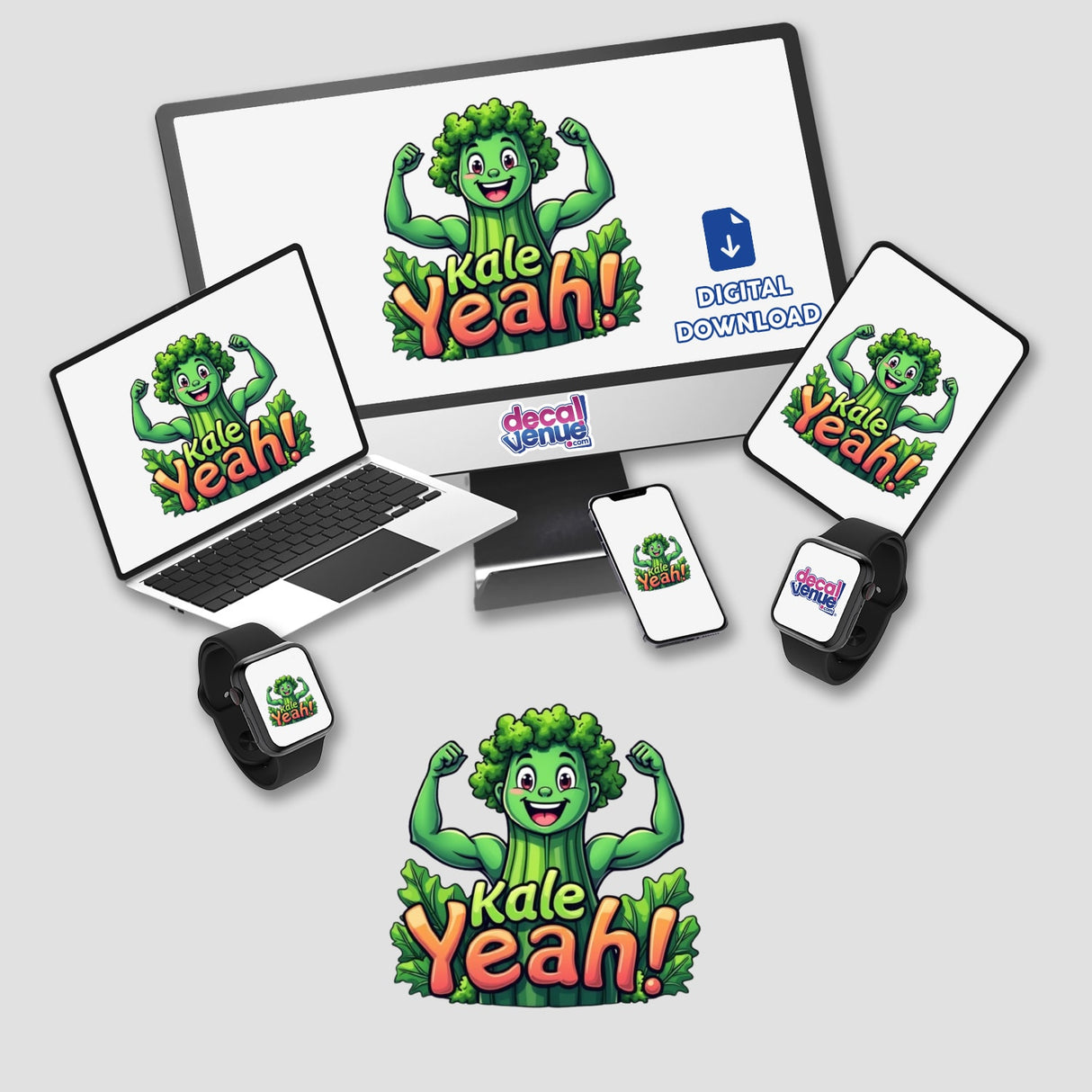 Kale Yeah! - Fun Design for Veggie and Health Food Lovers features cartoon broccoli on screens, available as stickers or clipart with commercial rights.