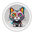 Cool colored cat illustration featuring a cartoon feline with distinctive eyes and robot-like elements, available as stickers or digital artwork from Decal Venue.