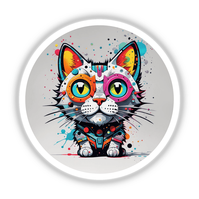 Cool colored cat illustration featuring a cartoon feline with distinctive eyes and robot-like elements, available as stickers or digital artwork from Decal Venue.