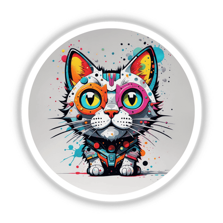 Cool colored cat illustration featuring a cartoon feline with distinctive eyes and robot-like elements, available as stickers or digital artwork from Decal Venue.
