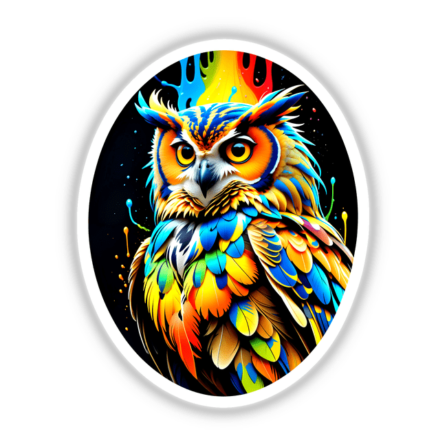 A Cool And Colorful Owl digital art showcasing a vibrant owl with striking yellow eyes, emphasizing its intricate details. Available as stickers or digital artwork from Decal Venue.